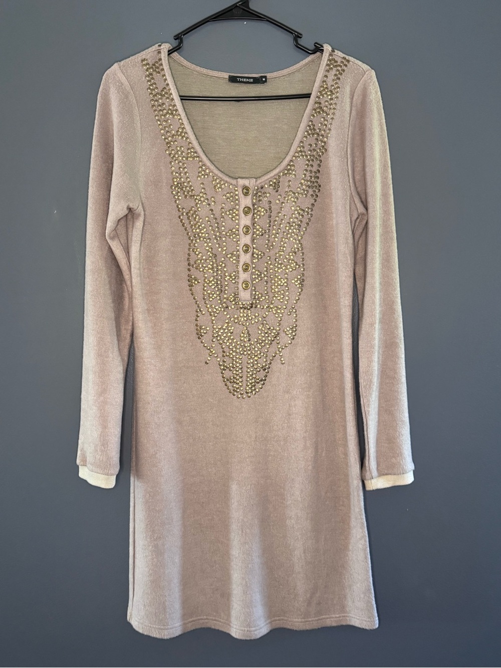 Theme from Saks Fifth Ave Khaki Taupe Gold SOFT Dress with Stud Detail Medium